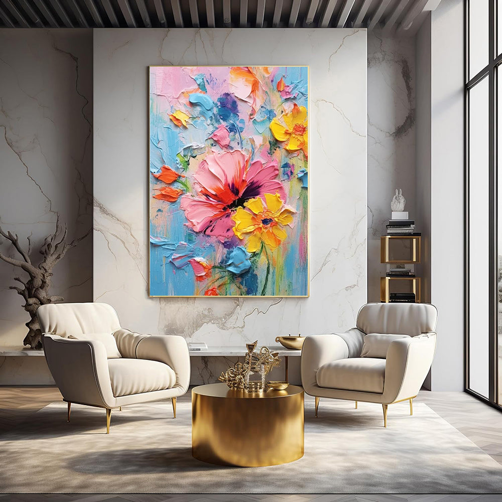 Colorful Spring Hand Painted Flower Oil Painting With Thick Texture Palette Knife Technique Contemporary Art Home Decor Canvas Wall Pictures