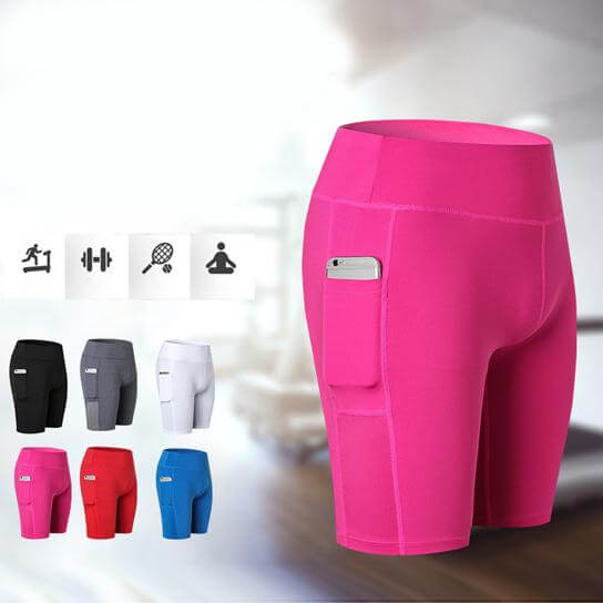 All Seasons Yoga Shorts Stretchable With Phone Pocket in pink color, ideal for workouts and outdoor activities.