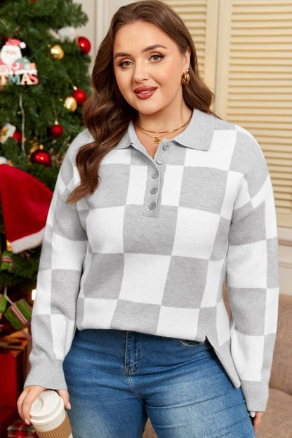 Plus Size Checker Buttoned Polo Collar Sweater