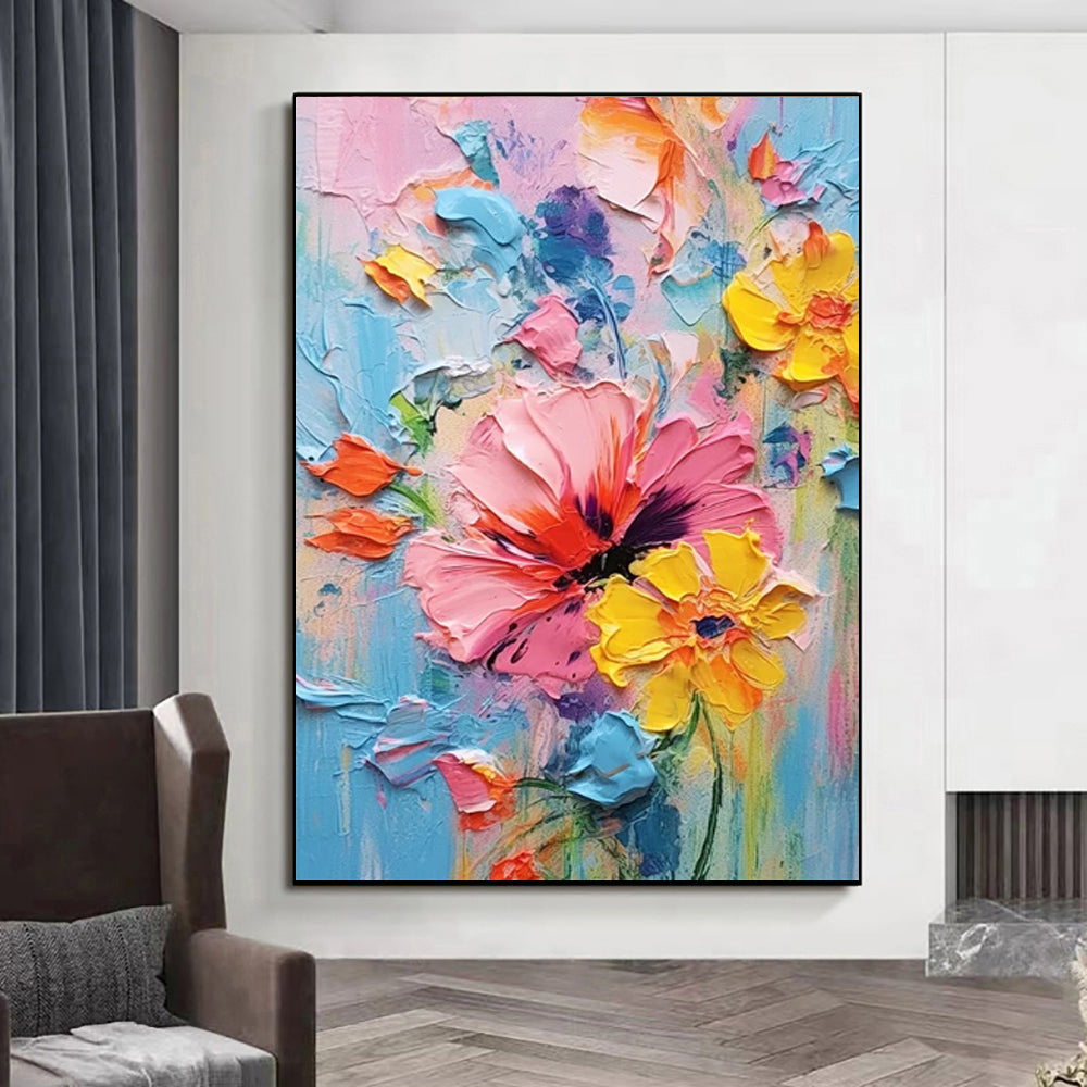 Colorful Spring Hand Painted Flower Oil Painting With Thick Texture Palette Knife Technique Contemporary Art Home Decor Canvas Wall Pictures