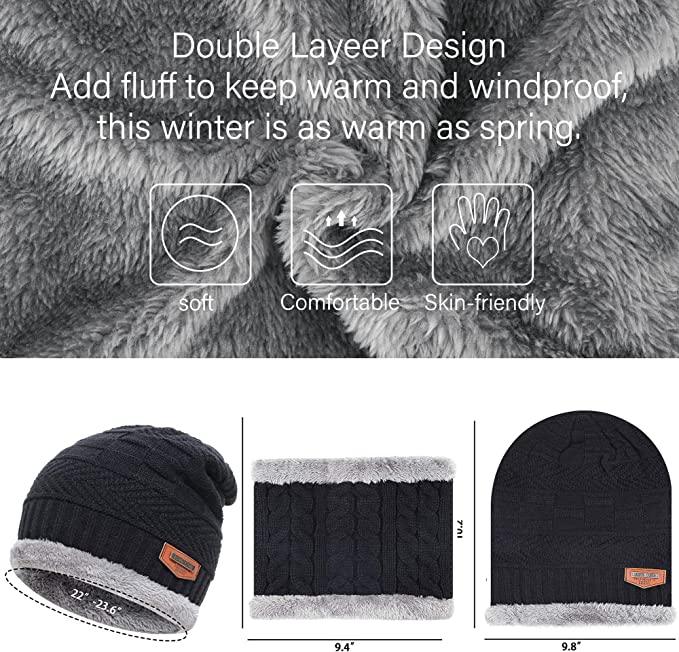 Mens Womens Winter Beanie Hat Scarf Set Warm Knit Hat Thick Fleece