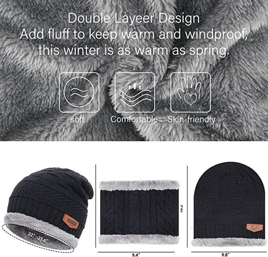 Mens Womens Winter Beanie Hat Scarf Set Warm Knit Hat Thick Fleece