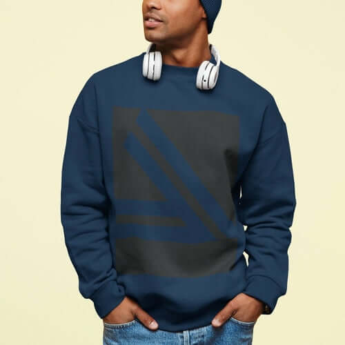Men's Double Slanted Logo Crewneck Sweatshirt in navy with slanted logo design, worn by a man with headphones.