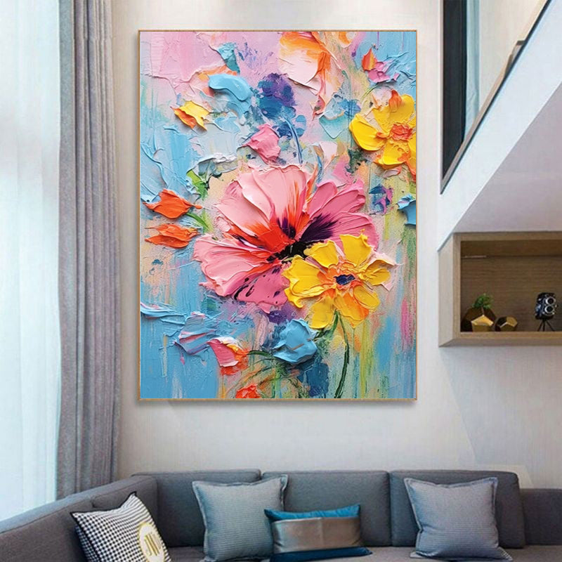 Colorful Spring Hand Painted Flower Oil Painting With Thick Texture Palette Knife Technique Contemporary Art Home Decor Canvas Wall Pictures