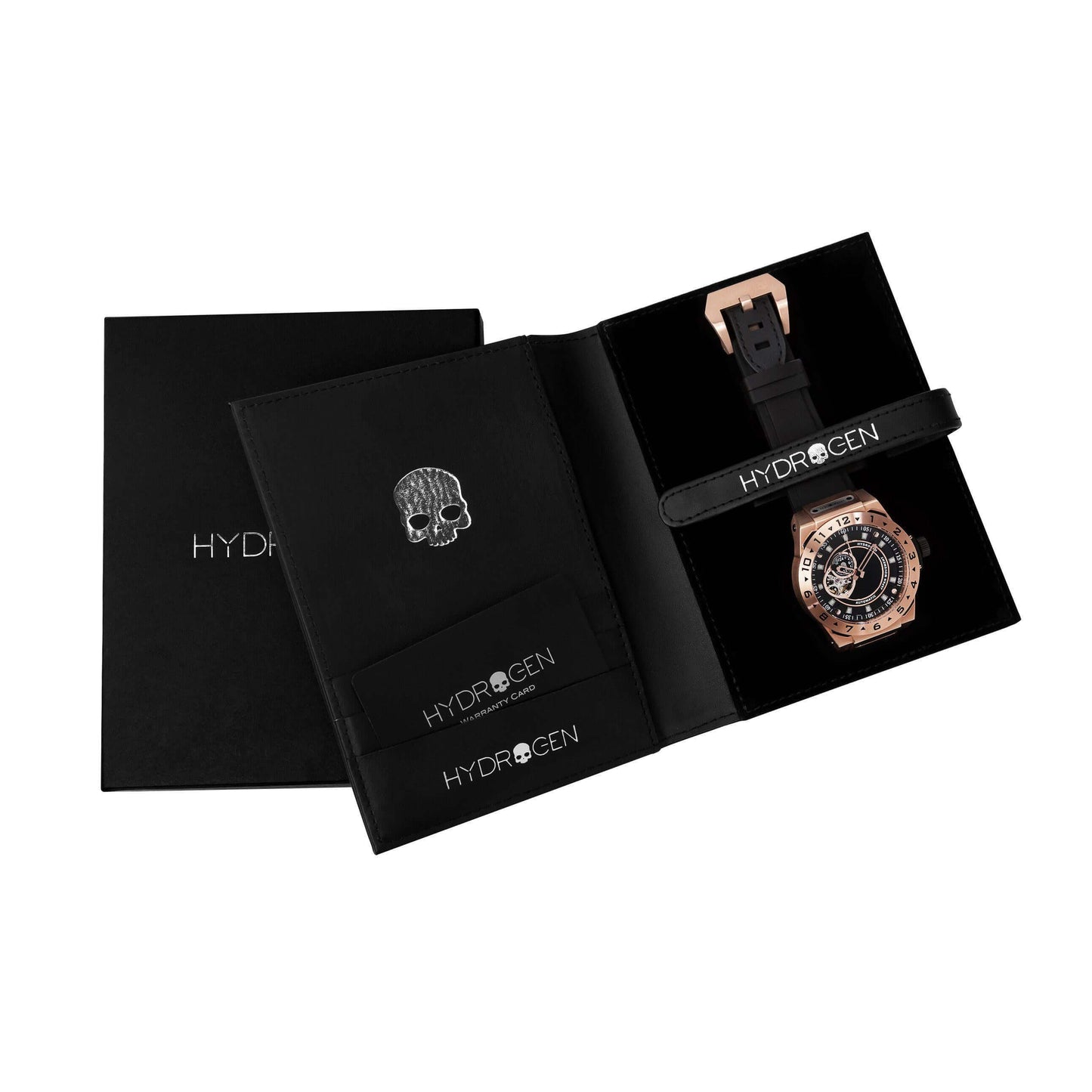 Vento Black Rose Gold watch displayed in elegant black packaging with skull logo.