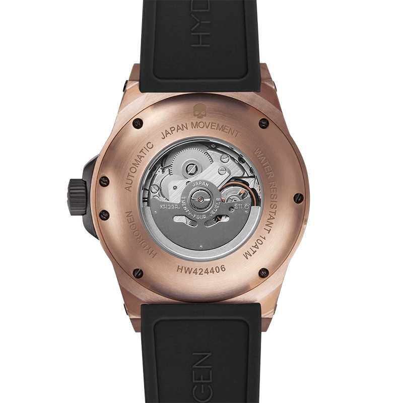 Vento Black Rose Gold watch back view highlighting Japan movement and water resistance features.