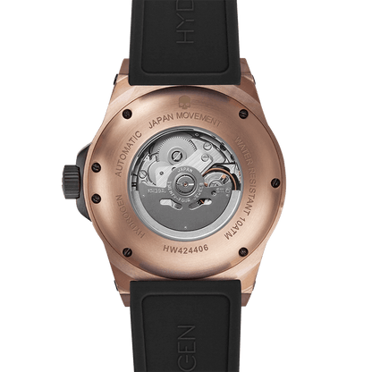 Vento Black Rose Gold watch back view highlighting Japan movement and water resistance features.