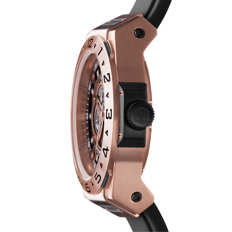 Vento Black Rose Gold watch side view highlighting the rose gold case and black strap design.