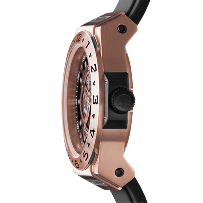 Vento Black Rose Gold watch side view highlighting the rose gold case and black strap design.