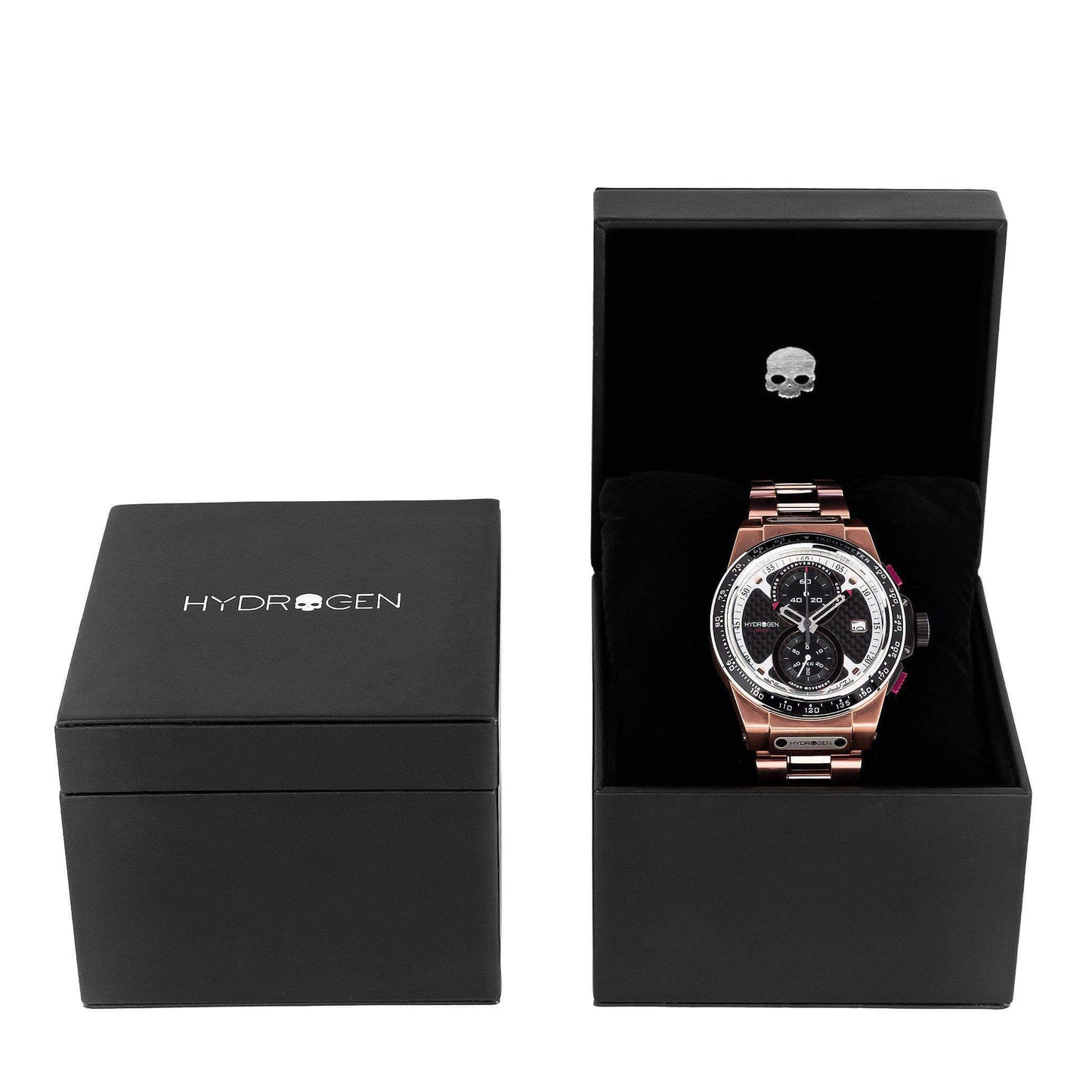 Otto Chrono All Rose Gold Bracelet displayed in stylish black box with skull detail, showcasing its elegance and craftsmanship.