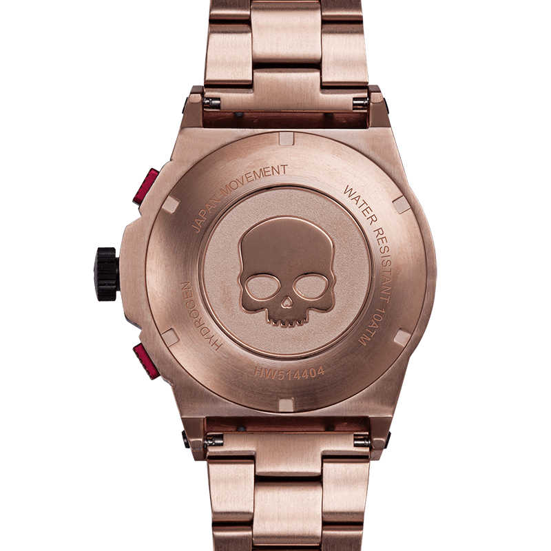 Otto Chrono All Rose Gold Bracelet back view showing skull design and water-resistant features.