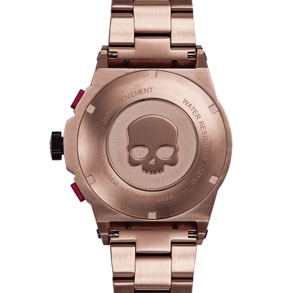 Otto Chrono All Rose Gold Bracelet back view showing skull design and water-resistant features.