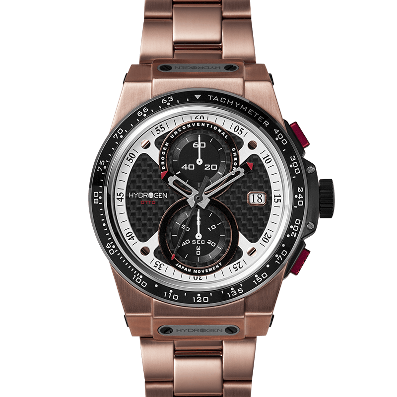 Otto Chrono All Rose Gold Bracelet with black carbon fiber pattern and chronograph dial.