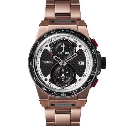 Otto Chrono All Rose Gold Bracelet with black carbon fiber pattern and chronograph dial.