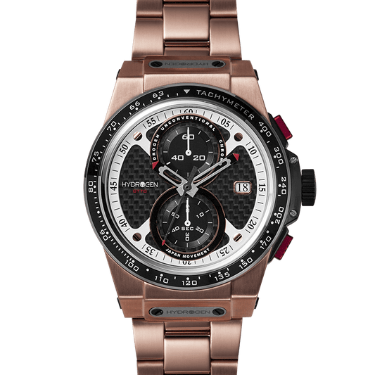 Otto Chrono All Rose Gold Bracelet with black carbon fiber pattern and chronograph dial.