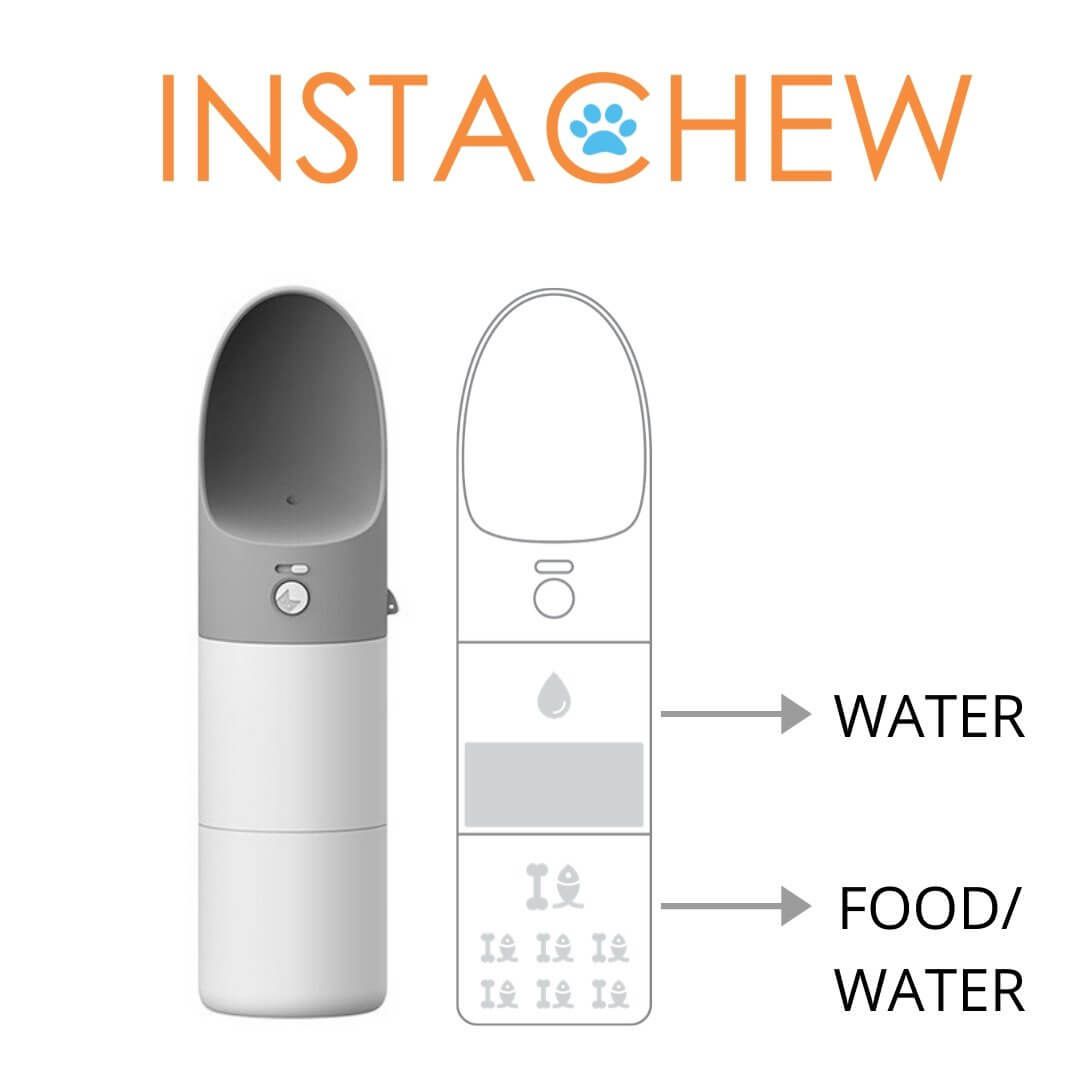 Instachew Rover Pet Travel Bottle, Dog water bottle showing modular design for water and food dispensing.