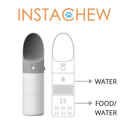 Instachew Rover Pet Travel Bottle, Dog water bottle showing modular design for water and food dispensing.