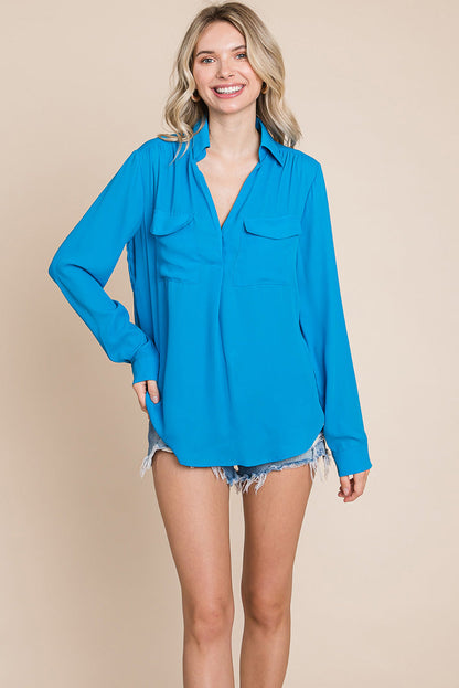 V neck Collared Pocket Detail Blouse Shirts