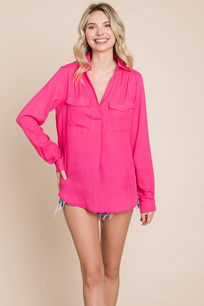 V neck Collared Pocket Detail Blouse Shirts