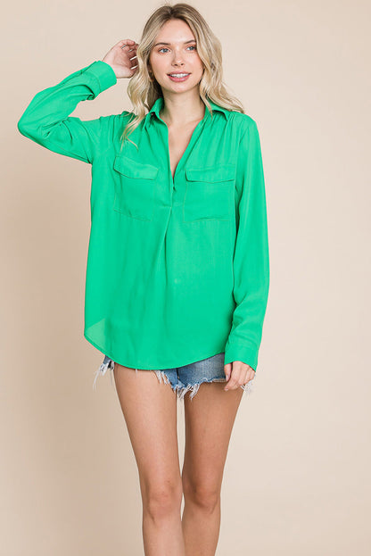 V neck Collared Pocket Detail Blouse Shirts
