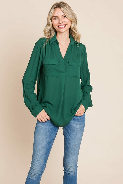 V neck Collared Pocket Detail Blouse Shirts
