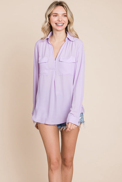 V neck Collared Pocket Detail Blouse Shirts