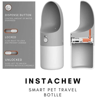 Instachew Rover Pet Travel Bottle, Dog water bottle with dispense button, lock, and unlock features for convenience.