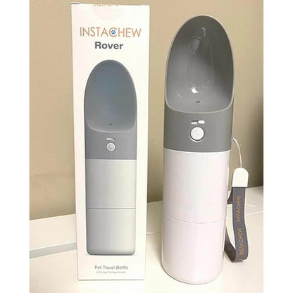 Instachew Rover Pet Travel Bottle, Dog water bottle displayed beside its packaging on a table.