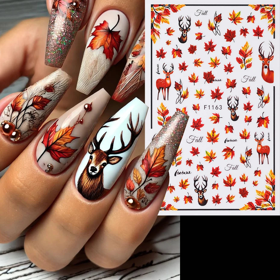 4 pcs 3D Autumn Maple Leaves Nail Stickers Deer Hazelnut Character