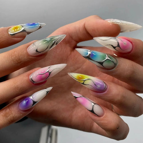 24Pcs Black Y2k Fake Nails with Diamond Halloween Long Almond False
