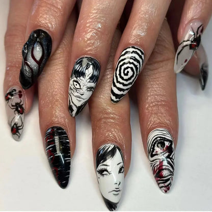 24Pcs Horror Comic Tomie Press on Nails Almond Glossy Black Japanese