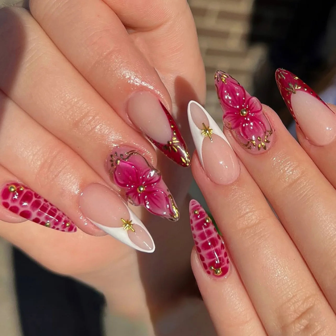 3D Flower French Tip Pink Almond Press On Nails – Handmade Pearl Bead Set | sNails Nails