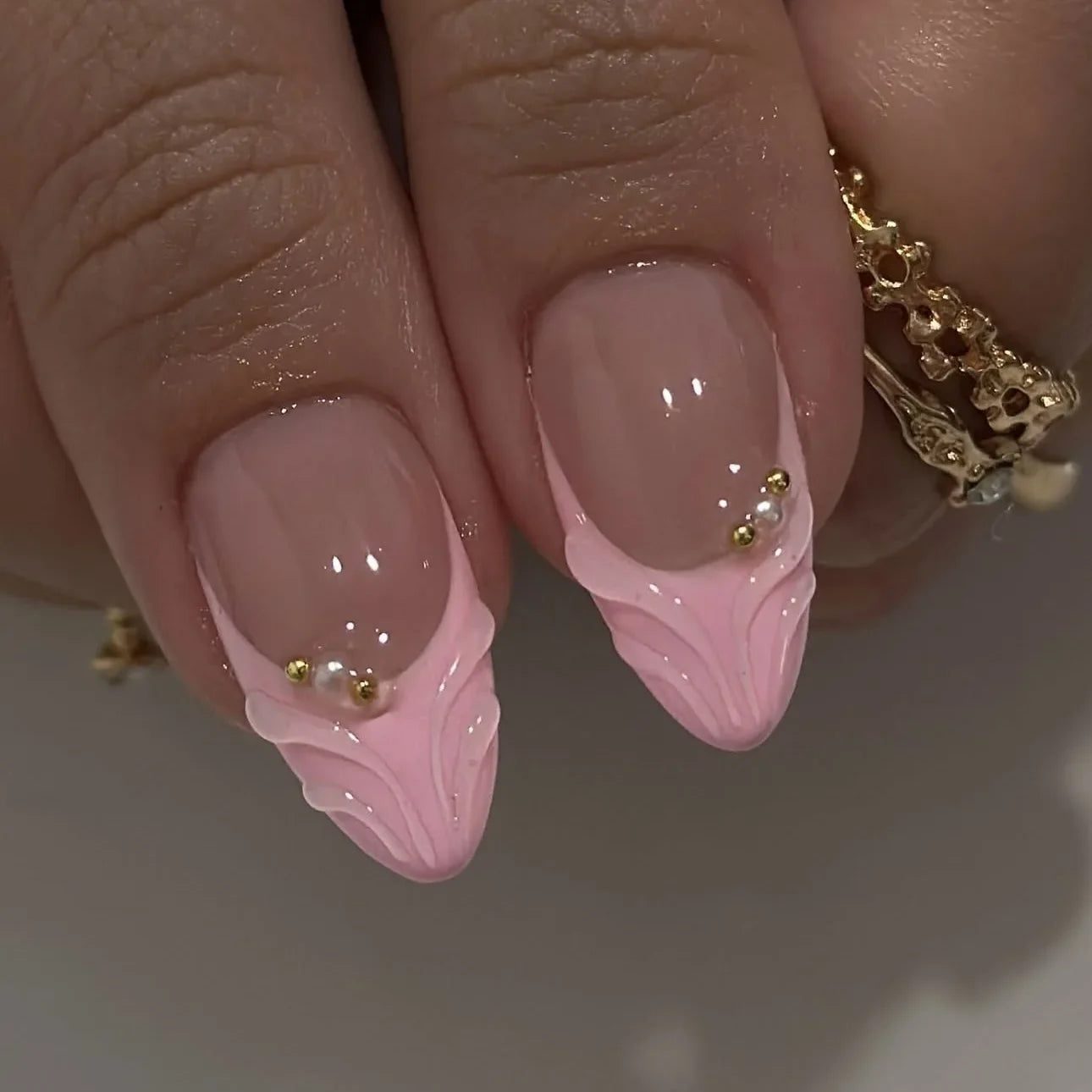 3D Flower French Tip Pink Almond Press On Nails – Handmade Pearl Bead Set | sNails Nails