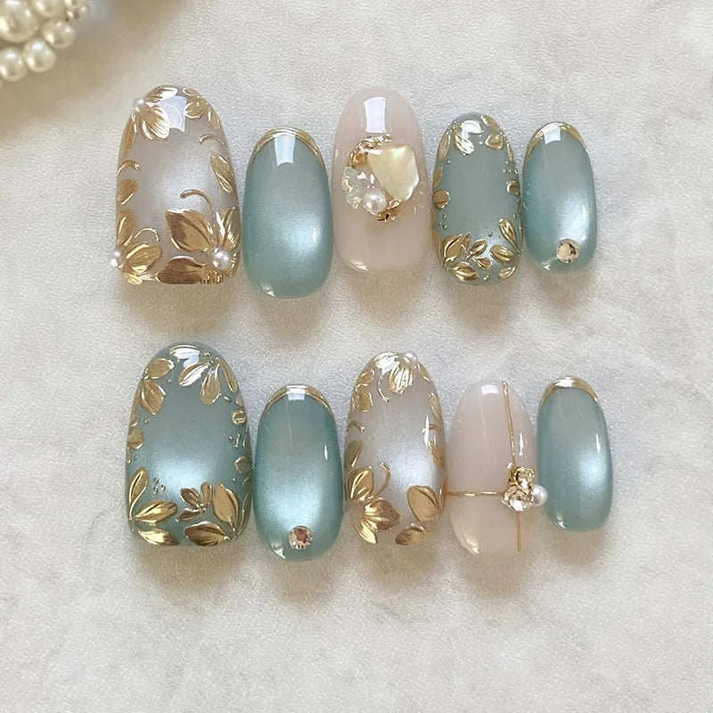 3D Flower French Tip Pink Almond Press On Nails – Handmade Pearl Bead Set | sNails Nails