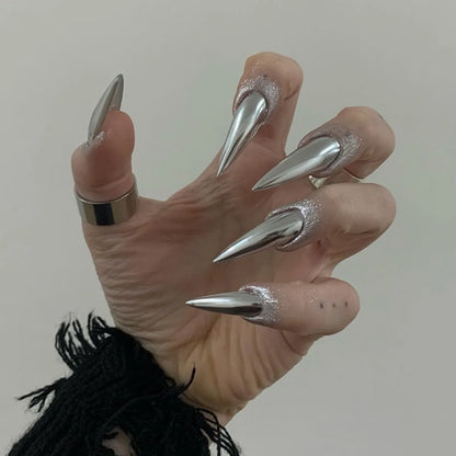 24Pcs Black Y2k Fake Nails with Diamond Halloween Long Almond False