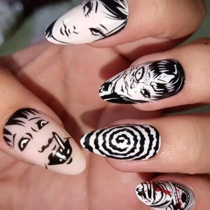 24Pcs Horror Comic Tomie Press on Nails Almond Glossy Black Japanese