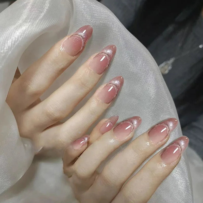 3D Flower French Tip Pink Almond Press On Nails – Handmade Pearl Bead Set | sNails Nails