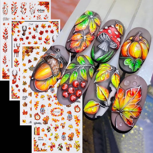 4 pcs 3D Autumn Maple Leaves Nail Stickers Deer Hazelnut Character