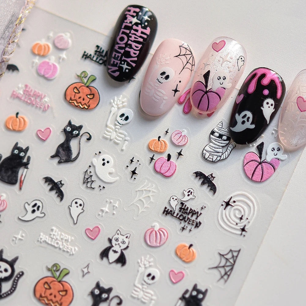 Halloween 5D Nail Art Stickers Sweet Pink Heart-Shaped Pumpkins Black
