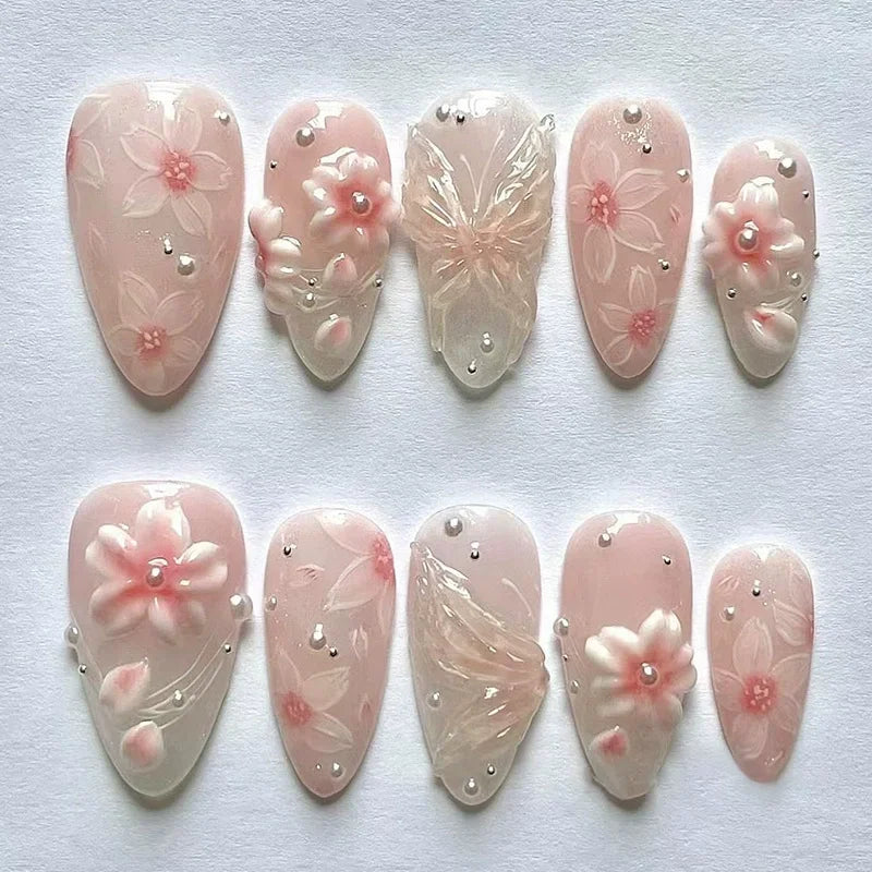3D Flower French Tip Pink Almond Press On Nails – Handmade Pearl Bead Set | sNails Nails
