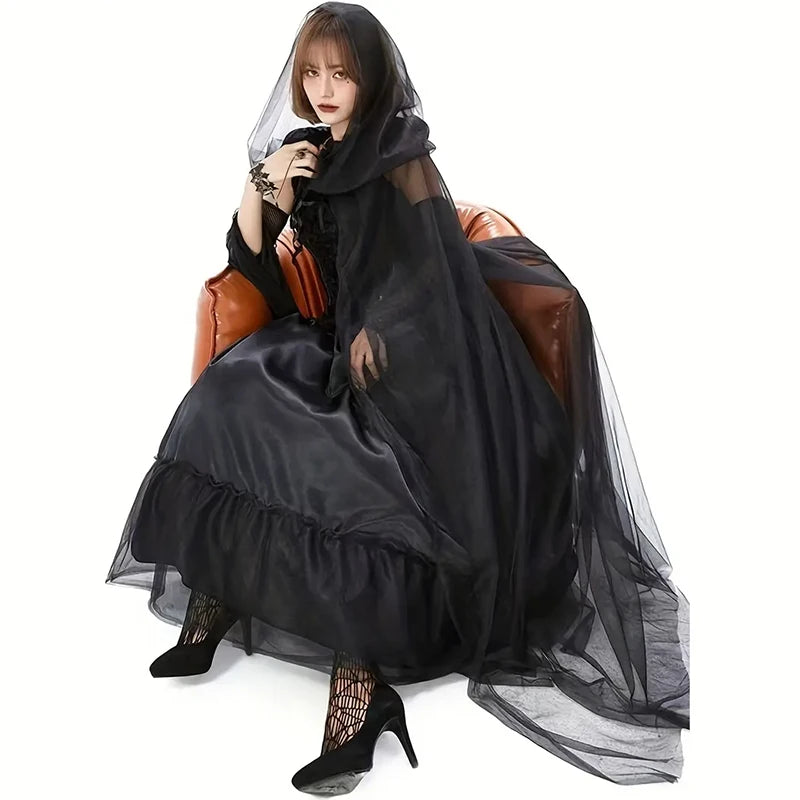Black Bridal Shawl Witch Vampire Cosplay Cloak Halloween Double Cloak