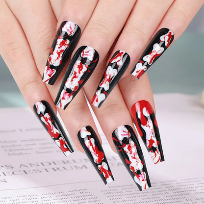 24Pcs Horror Comic Tomie Press on Nails Almond Glossy Black Japanese