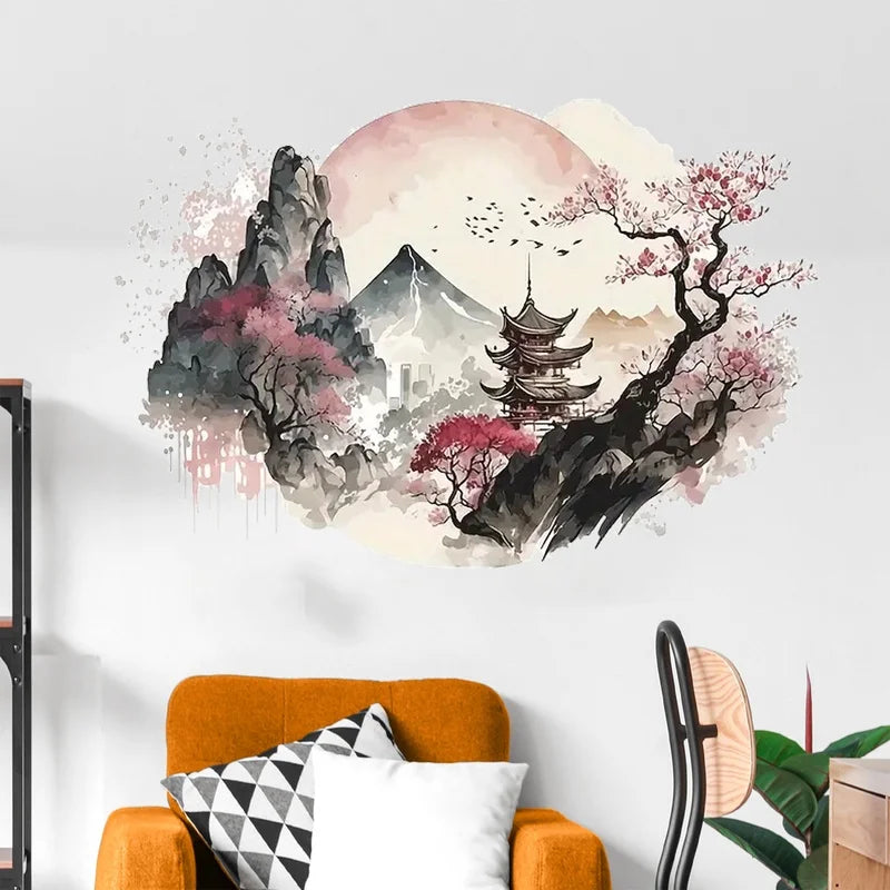 Chinese Landscape Wall Decals Ink Landscape Painting Pattern Wall
