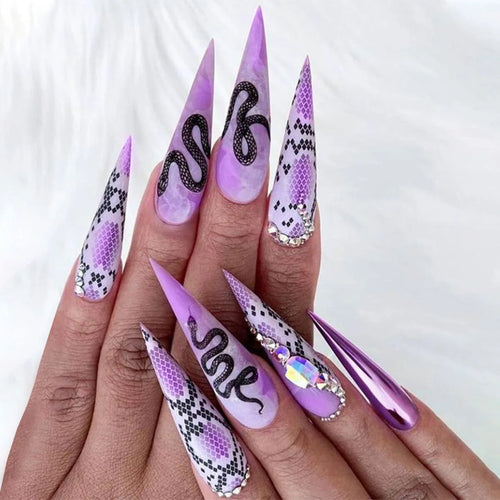 24Pcs Black Y2k Fake Nails with Diamond Halloween Long Almond False
