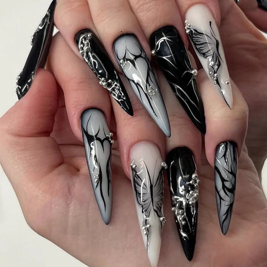 24Pcs Black Y2k Fake Nails with Diamond Halloween Long Almond False