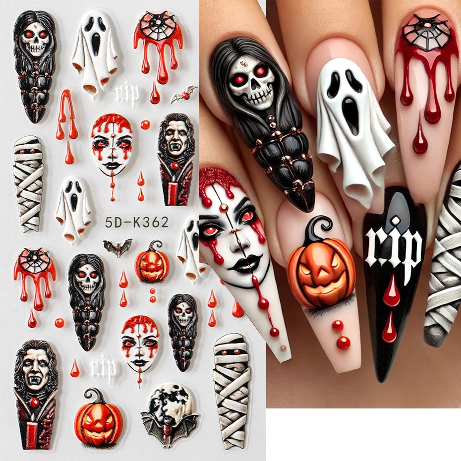 2pcs Halloween Ghost Mummy Blood Nail Stickers Pumpkin Spider Web Lips