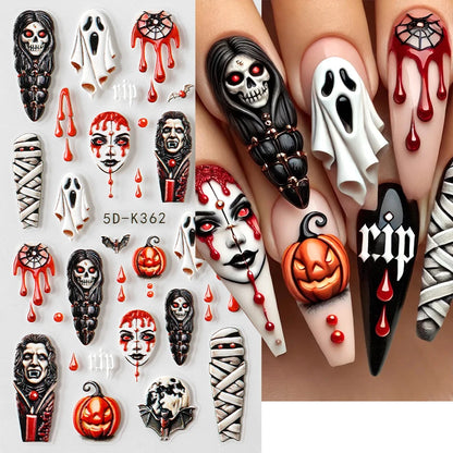 2pcs Halloween Ghost Mummy Blood Nail Stickers Pumpkin Spider Web Lips