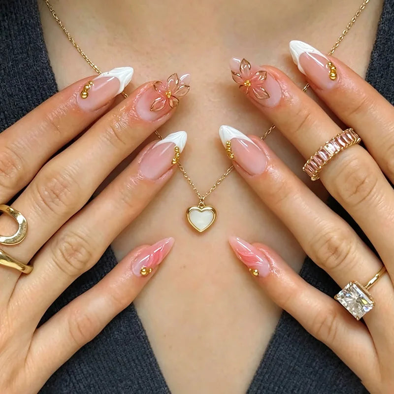 3D Flower French Tip Pink Almond Press On Nails – Handmade Pearl Bead Set | sNails Nails