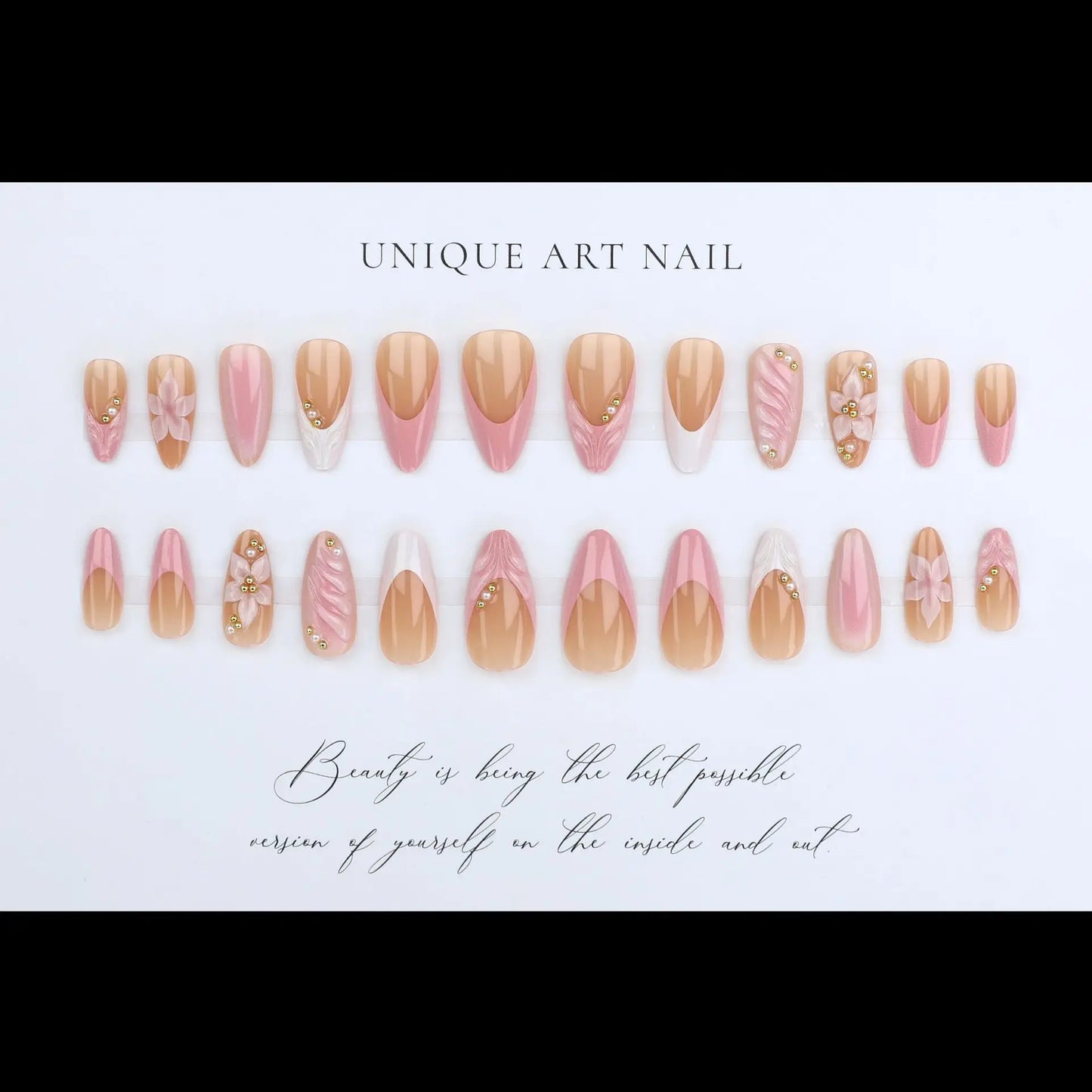 3D Flower French Tip Pink Almond Press On Nails – Handmade Pearl Bead Set | sNails Nails
