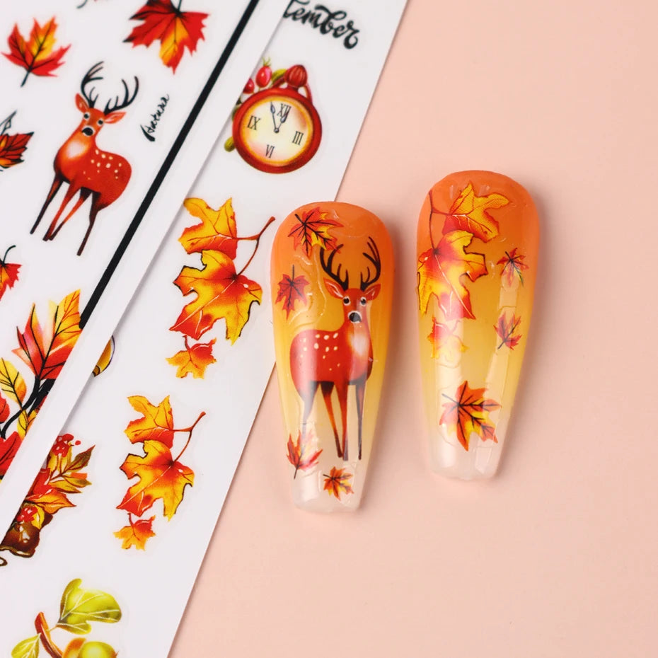 4 pcs 3D Autumn Maple Leaves Nail Stickers Deer Hazelnut Character